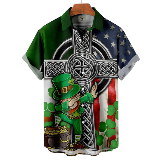 Men's St. Patrick's Day Fun Flag Panel Print Short Sleeve hawaiian Shirt