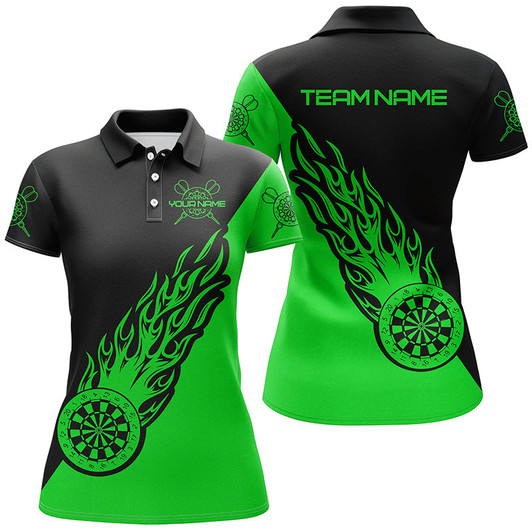 Custom Personalized Green Black Flame Womens Darts Polo Shirt Darts Shirt For Women Dart Jerseys LDT1343