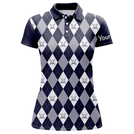 Custom Navy Blue Argyle Plaid Pattern Womens Golf Polos Shirts Custom Golf Shirts For Women, Ladies Golf Polo Nqs7423