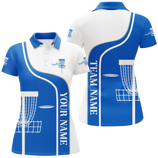 Custom Personalized Disc Golf Basket Blue White Womens Polo Shirt Custom Disc Golf Shirts For Women LDT1250