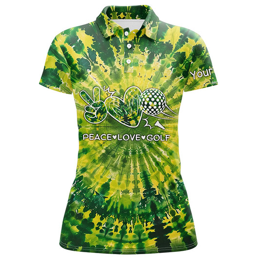 Custom Womens Golf Polo Shirt Green Tie Dye Pattern Custom Peace Love Golf, Personalized Golf Shirt For Women Nqs7838