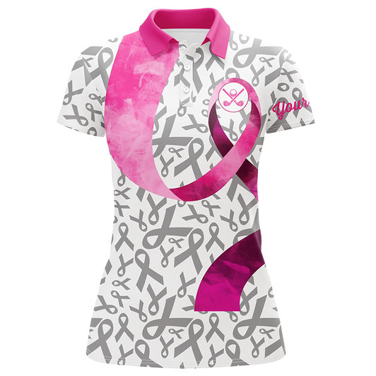 Custom Pink Ribbon Pattern Womens Golf Polo Shirt Custom Breast Cancer Golf Shirts, Golf Outfits Female Nqs8107