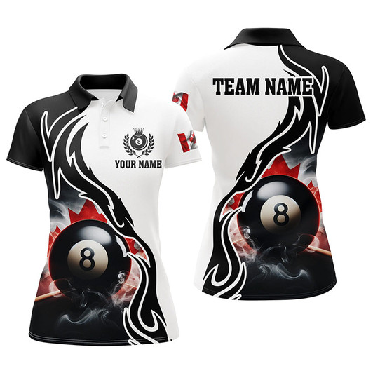 Custom 3D 8 Ball Pool Smoke Canada Flag Personalized Women Billiard Polo Shirts, Patriotic Shirts For Pooler TDM1143