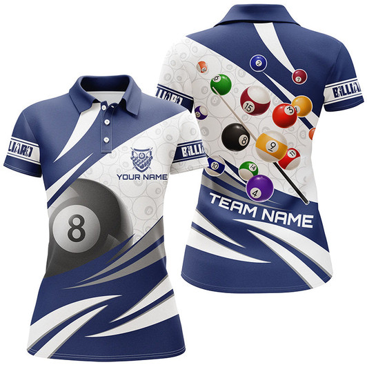 Custom  3D 8 Ball Pool Billiard Balls Personalized Women Billiard Polo Shirts Custom Blue Billiard Jerseys TDM1170