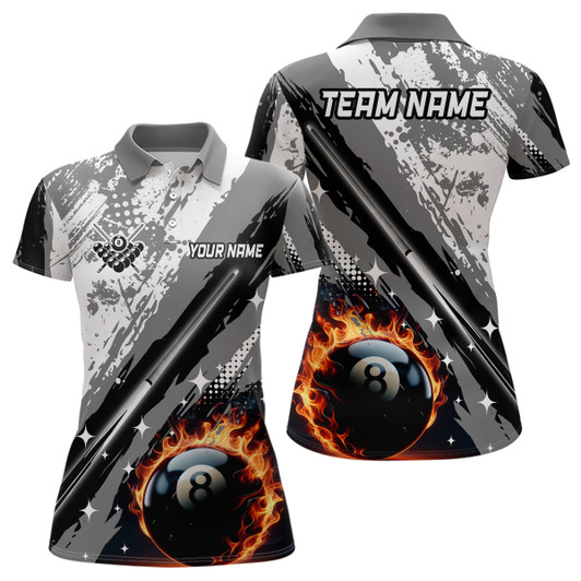 Custom Personalized Billiard Cue 8 Ball Pool Grunge Style Women Polo Shirts, Best Billiard Jerseys |Grey TDM1042
