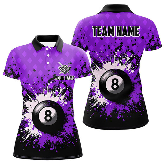Custom Personalized Purple Grunge 8 Ball Pool Women Billiards Polo Shirts Custom Billiard Team Jerseys Uniform TDM1185
