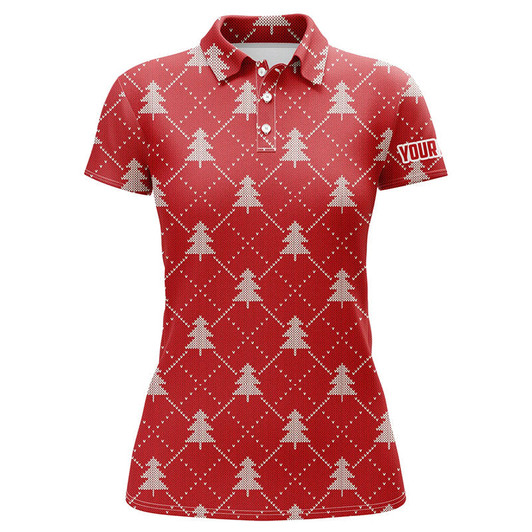 Custom Christmas Trees Red Knitted Womens Golf Polo Shirts Argyle Golf Shirts For Women Golfer Gifts LDT0642