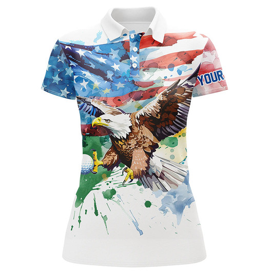 Custom Watercolor American Flag Eagle Golf Ball Custom Women Golf Polo Shirts, Patriotic Ladies Golf Jerseys Nqs7853