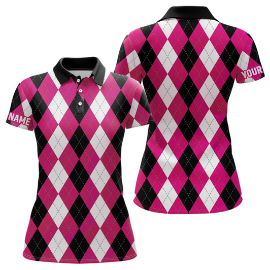 Custom  Womens Golf Polo Shirts Custom Pink Argyle Plaid Pattern Golf Attire For Women, Golf Gifts Nqs7697