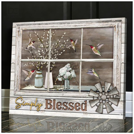 Simply Blessed Hummingbirds Flower Vase Through Window Poster and Canvas