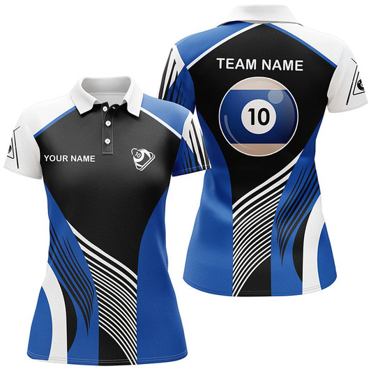 Custom Personalized Blue 10 Ball Billiard 3D Polo Shirts For Women, Custom 10 Ball Billiards Team Jerseys VHM0970