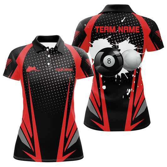 Custom Personalized Paint Billiard Balls Black Red 3D Polo Shirts For Women, Custom 8 Ball Billiards Jerseys VHM1089