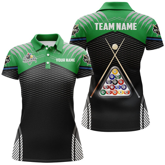 Custom  Personalized Sport Green 8 Ball Billiard 3D Polo Shirts For Women, Custom Pool Billiard Balls Jerseys VHM1027