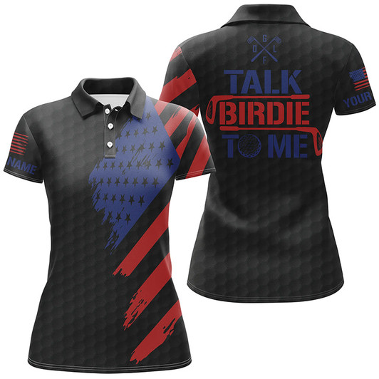 Custom Funny Womens Golf Polo Shirts Custom American Flag Patriotic Black Golf Shirts Talk Birdie To Me Nqs7823