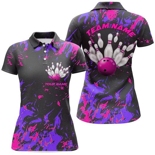 Custom Purple And Pink Camo Bowling Team Shirts Custom Women Polo Shirts Bowling League Shirts IPHW5365