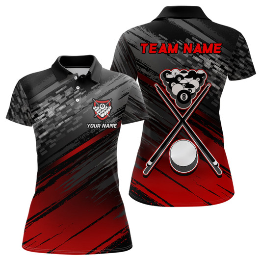 Custom Personalized Sports Style Black Red 8 Ball Pool Polo Shirts For Women, Custom Billiard 8 Ball Jerseys VHM1049