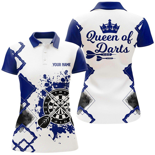Custom Queen Of Darts Blue White Womens Darts Polo Shirt Customized Darts Jersey For Women LDT1223
