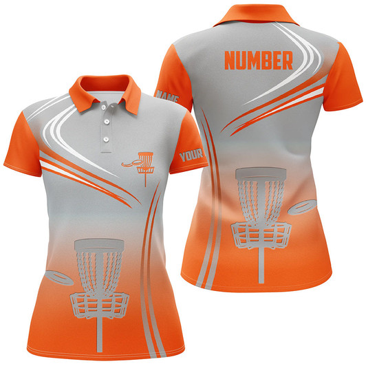 Custom Orange & Grey Womens Disc Golf Polo Shirts Customized Disc Golf Tops For Women Golfing Gifts LDT1322