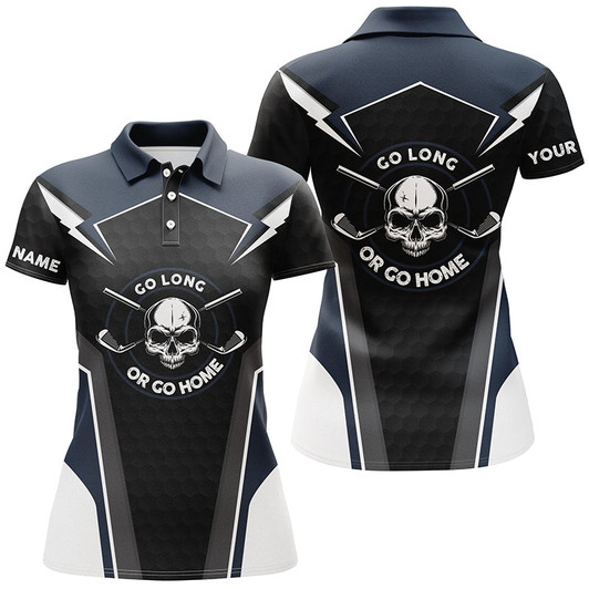Custom Skull Golf Shirts For Womens, Navy Skull Custom Name Womens Golf Shirt, Golf Polo Shirts For Ladies LDT0040