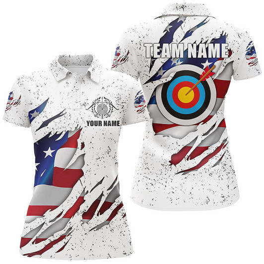 Custom Personalized White Grunge US Flag Target Archery 3D Polo Shirts For Women, Custom Archery Team Shirts VHM0991