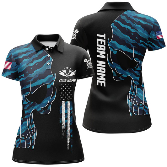 Custom Skull Blue Camouflage American Flag Darts Polo Shirt Patriotic Dart Jerseys For Women LDT0991