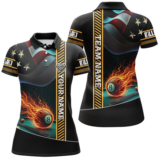 Custom Personalized American Flag Flaming 8 Ball Pool Women Polo Shirts, Patriotic Billiard Attire Jerseys TDM1139