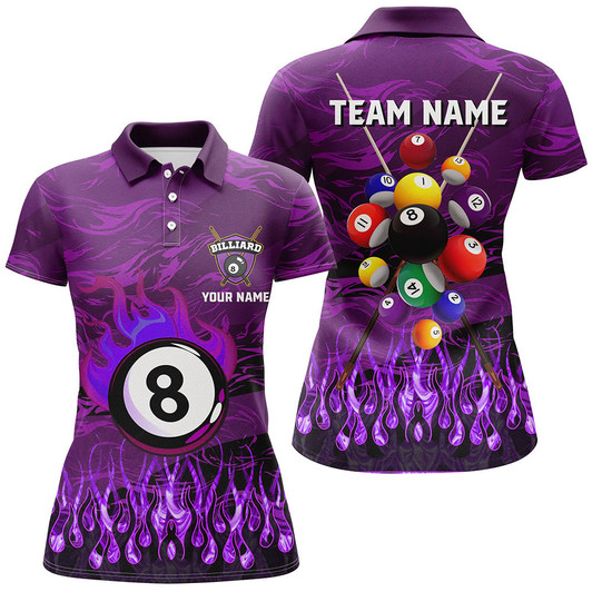Custom Personalized Fire Flame 3D Billiard Balls Women Polo Shirts Custom Purple Billiard Jersey Attire TDM1413