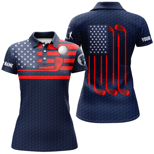Custom American Flag Patriotic Womens Golf Polo Shirt Custom Name Blue Golf Polo Shirt, Unique Golf Gifts Nqs4766