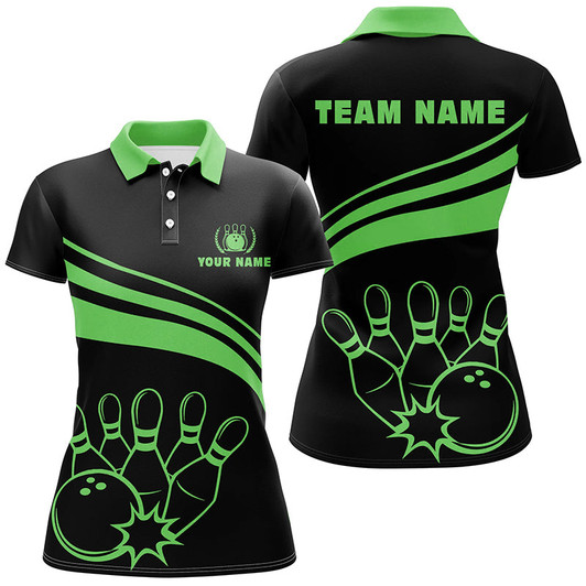 Custom Personalized Polo Bowling Shirts For Women, Custom Black Womens Bowling Shirts Team Bowl Jersey| Green Nqs6925