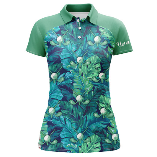 Custom Women Golf Polo Shirt Green Tropical Leaves Custom Name Green Golf Polo Shirts, Golfing Gift Nqs3761