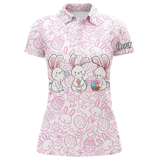 Custom Pink Easter bunny eggs pattern golf shirt custom name Womens golf polo shirts, golf shirts for women NQS4923