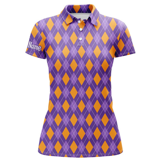 Custom Orange and Purple argyle Halloween pattern custom Womens golf polo shirts, golf attire for women NQS8142