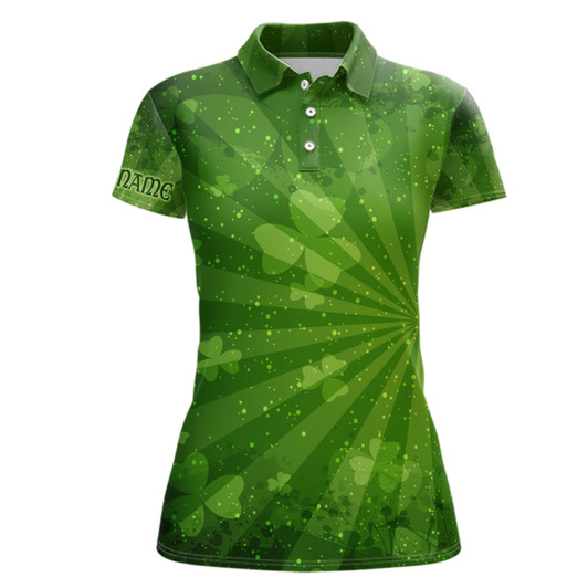 Custom Green Clovers Halo All Over Print Womens Golf Polo Shirt St Patrick Day Golf Shirts For Women LDT1019