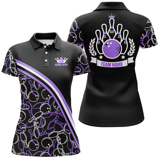 Custom Personalized Bowling Polo Shirts For Women Custom Black Purple Bowling Pattern, Bowling Team Shirts Nqs6531