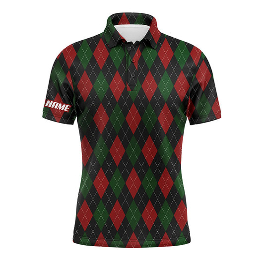 Custom Golf Men Polo Shirt - Christmas Plaid Argyle Pattern Custom Name Apparel - Personalized Gift For Golf Lover, Men, Husband, Boyfriend, Team