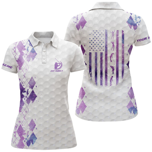 Custom Women Golf Polo Shirt Just Swing It American Flag Patriotic Custom Name Purple Galaxy Women Golf Shirt Nqs3674