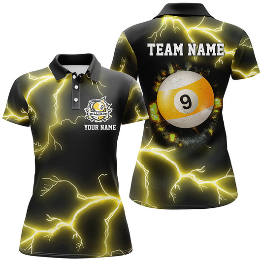 Custom Personalized Yellow 9 Ball Pool Thunder Lightning Women Polo Shirts Custom Billiards Team Shirts TDM1243