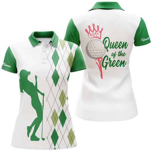 Custom Funny Womens Golf Polo Shirt Queen Of The Green Custom Argyle Plaid White Green Golf Shirts For Women Nqs4894