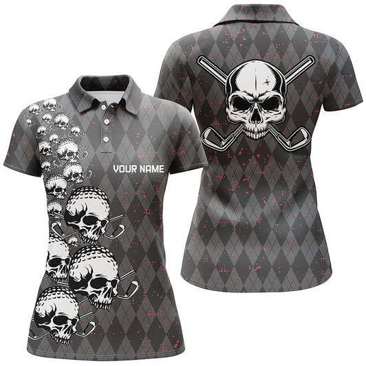 Custom Elegant Argyle Pattern And Skull Womens Golf Polo Shirts, Black Skull Golf Shirts For Women LDT0196