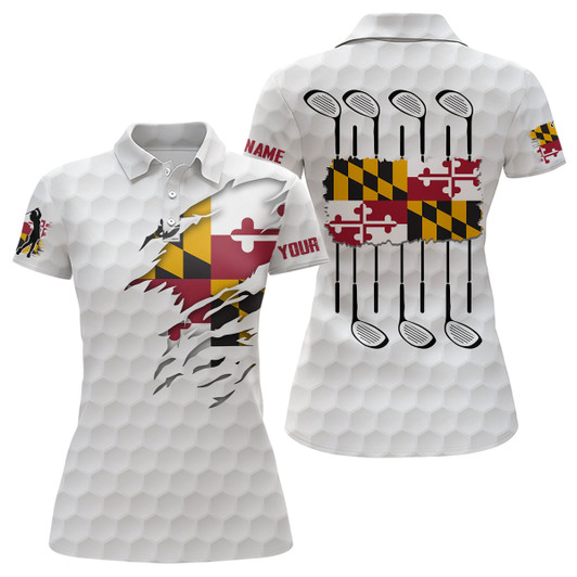 Custom Maryland Flag Golf Pattern White Polo Shirt Custom Golf Shirts For Women Patriotic Golf Gifts NQS7442