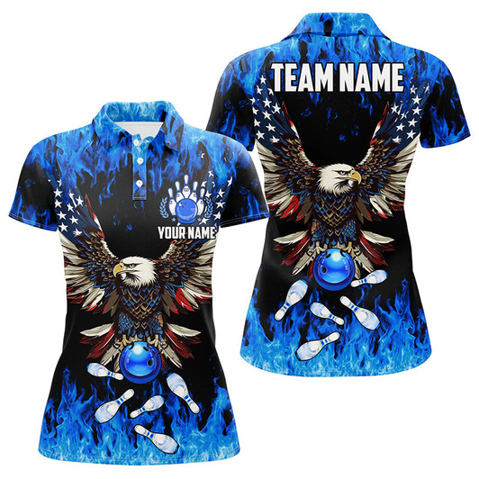 Custom Blue Flame Women Bowling Polo Shirts Custom American Flag Eagle Team Bowling Shirt, Gift For Bowlers Nqs7403