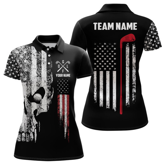 Custom American Flag Skull Golf Polo Shirts Custom Patriotic Scary Golf Shirts For Women Golf Gifts LDT1405