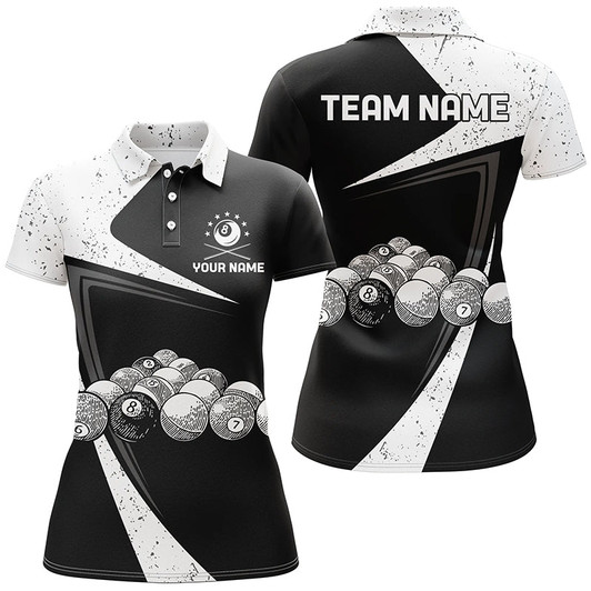 Custom Personalized Black White Grunge Billiard Balls Polo Shirts For Women, Custom 8 Ball Pool Team Shirts VHM0787