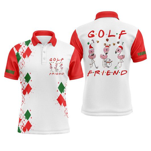 Custom Golf Men Polo Shirt - Funny Christmas Custom Name Flamingo Golf Friend Apparel - Personalized Gift For Golf Lover, Men, Team, Husband, Boyfriend