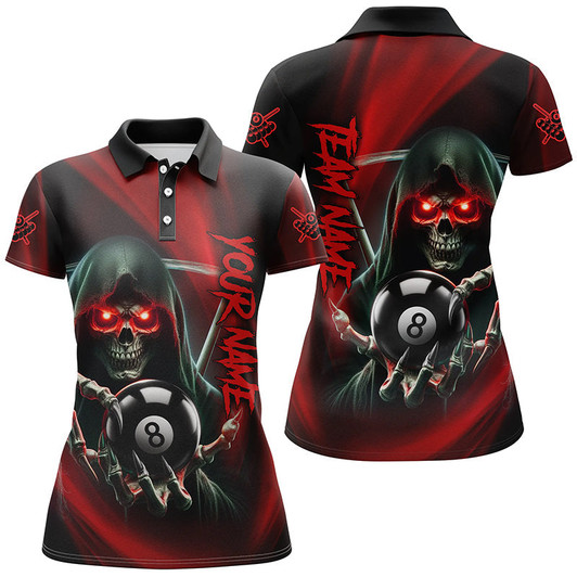Custom Personalized Red Billiard Reaper Skull Holding 8 Ball Women Polo Shirts Team League Billiard Jerseys TDM1530