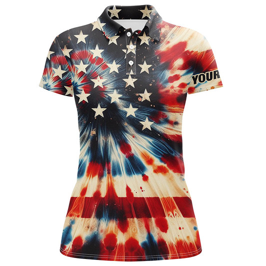 Custom American Flag Tie Dye Pattern Womens Golf Polo Shirt Custom Name Patriotic Ladies Golf Shirts Nqs7064