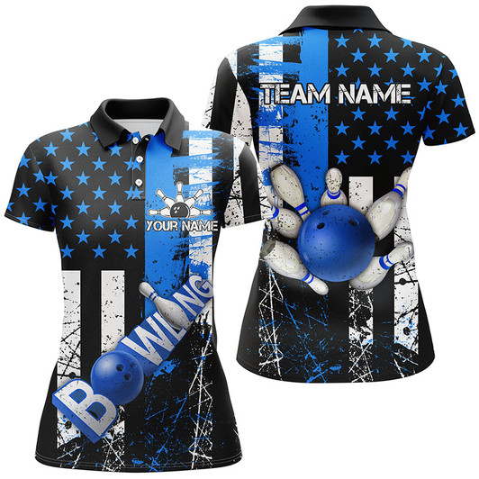 Custom Retro American Flag Women Bowling Polo Shirts Custom Bowling Team Jerseys, Gifts For Bowlers | Blue Nqs7340