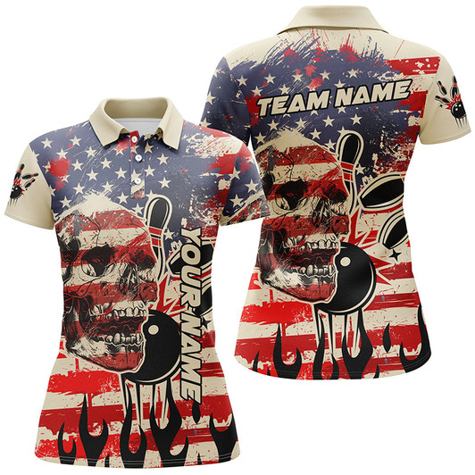 Custom American Flag Skull Bowling Polo Shirts For Women Custom Team Ladies Bowling Jerseys, Gift For Bowlers Nqs7305