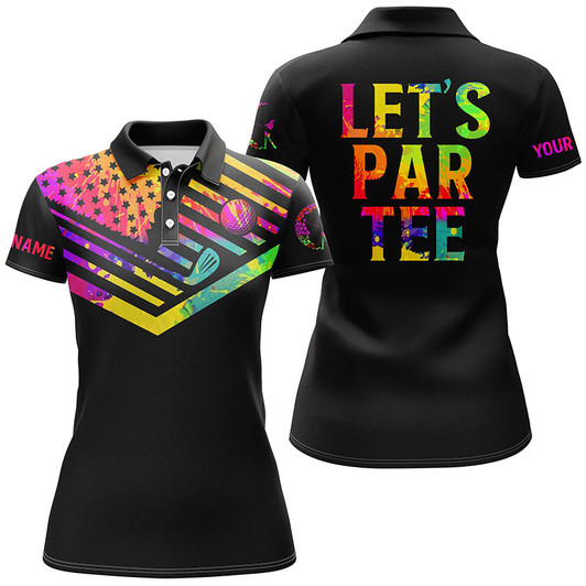 Custom Womens Golf Polo Shirts Watercolor American Flag Patriot Golf Custom Let’s Par Tee Black Golf Shirt Nqs7433