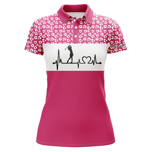 Custom Womens Golf Polo Shirt Golf Heartbeat Custom Name Leopard Pattern Golf Shirt, Womens Golf Gift Ideas Nqs4959